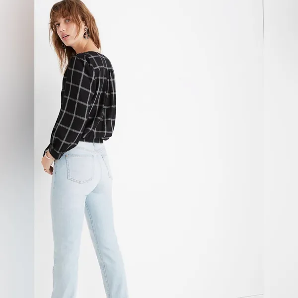 Madewell Viscose Wrap Side Tie Cropped Top in Black & White Windowpane Size XXS‎ - Image 3