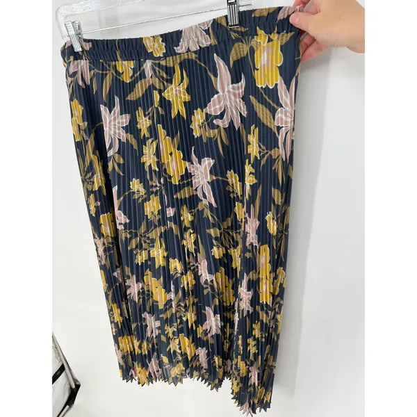 LOFT Pleated Maxi‎ Skirt XL Dusty Blue Yellow Floral Elastic Waist Accordion - Image 6