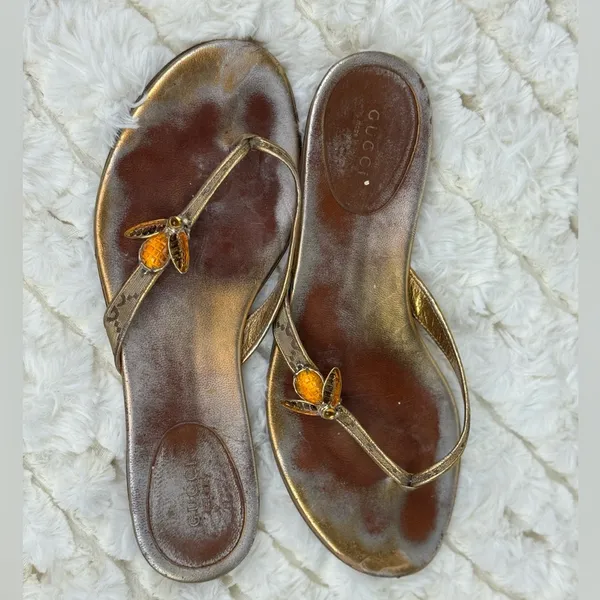 Gucci Gold and Brown Sandals with Metallic Straps - Image 11