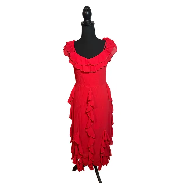 EillyBazar Red Ruffle Cold Shoulder Midi Dress Adjustable Straps Fairy Holiday - Image 4