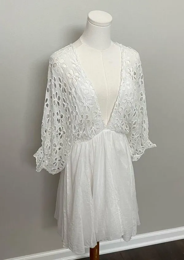 Free People One Dress Bella Note Eyelet Flower Babydoll Whimsical Boho White - Image 4