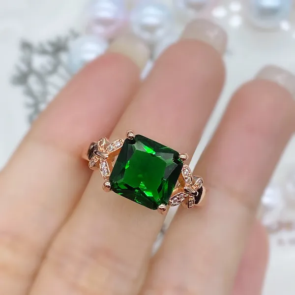 14K Rose Gold Plated Adjustable Butterfly Green Crystal Emerald Ring for Women - Image 3