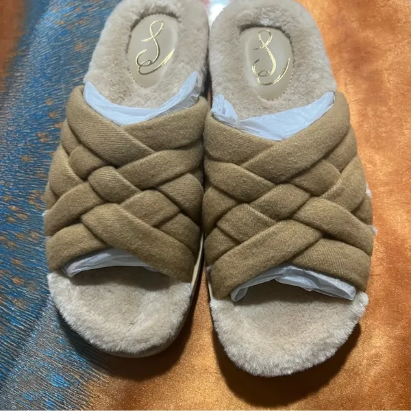 New Sam Edelman Vaughn Faux Fur Lined Sandal Slide size 8 Camel Twill Tan - Image 3