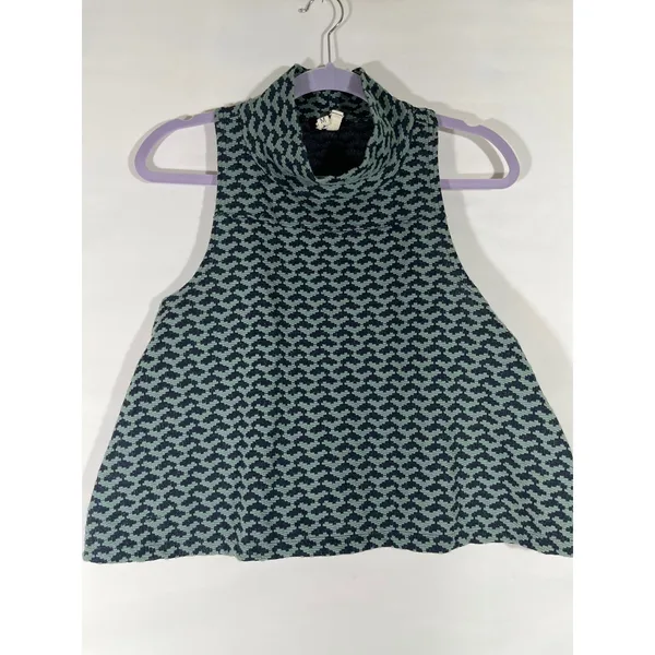 Free People We The Free Crop Top Women M Navy Geometric Mock Neck Sleeveless‎ - Image 2