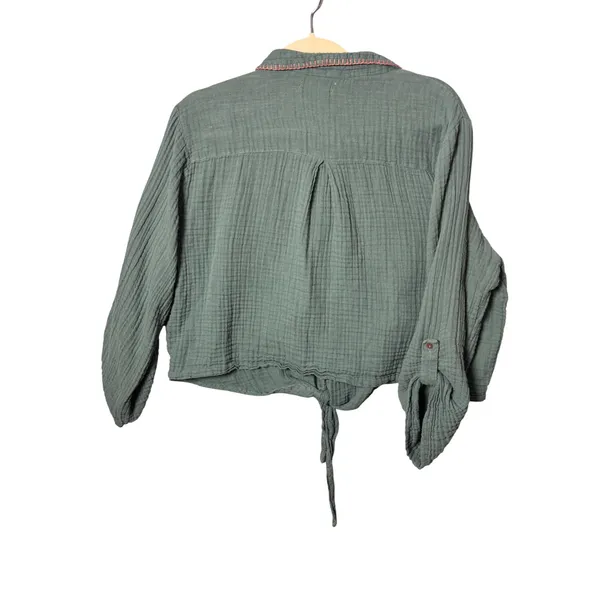 Natural Life Womens Top XL Green Gauze Tie Front Blanket Stitch Boho Cottagecore - Image 4