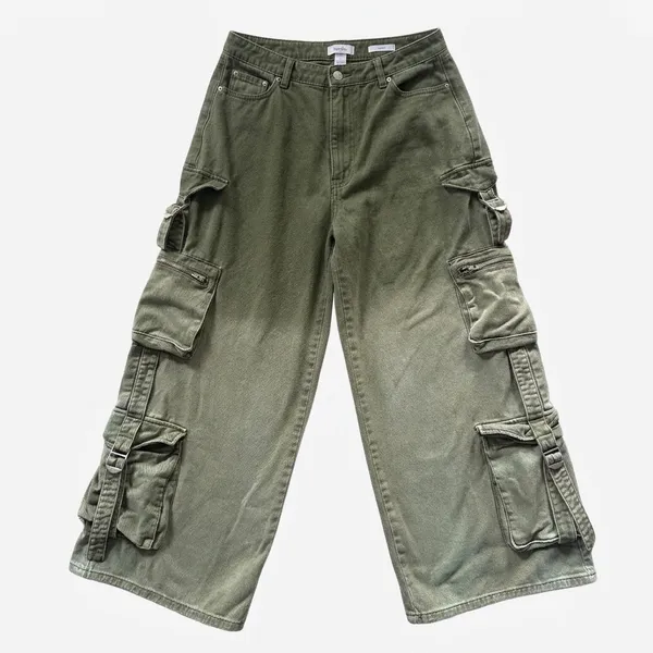 Forever 21 Premium Olive‎ Green Cargo Jeans Wide Leg Multi Pocket Womens Size 28 - Image 3