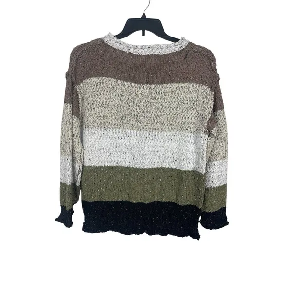 POL Chunky Knit V-Neck Sweater S Colorblock Stripe Brown Green Slouchy Earthy - Image 2
