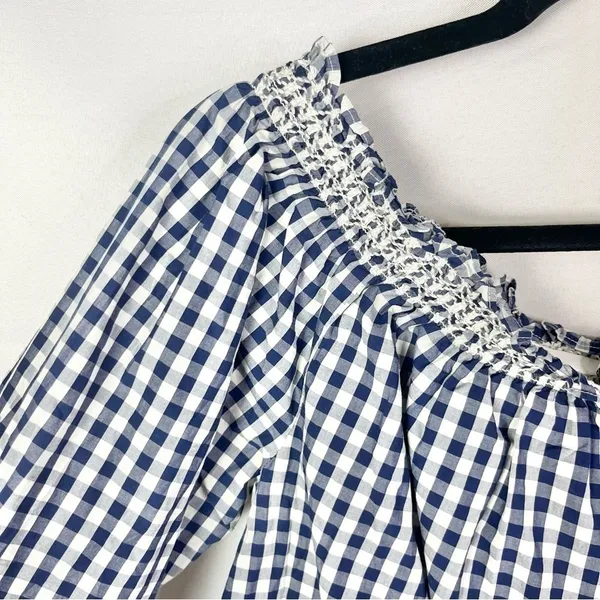 Madewell Smocked Blue & White Gingham Plaid Off The Shoulder Long Sleeve‎ L - Image 5