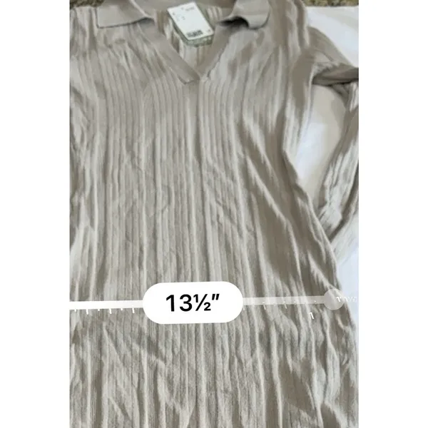 H&M NWT Rib Knit Dress Women's M Beige Tan V Neck Collared Bodycon Midi - Image 14