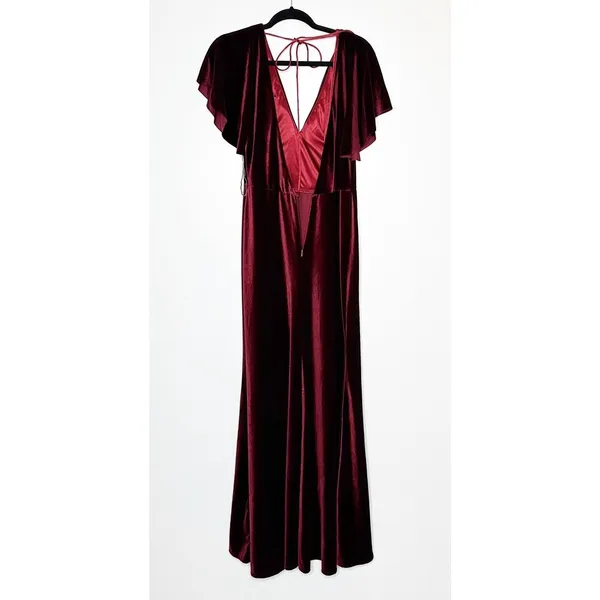 NWT Jenny Yoo Marin Velvet Flutter Sleeve Gown Women's Burgundy Size 12 - Image 5
