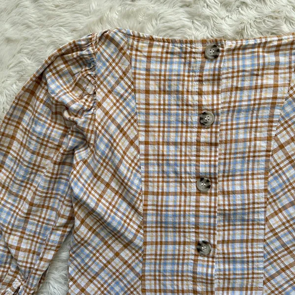 Free People Top Button Back Puff Sleeve Plaid Tan Blue S - Image 6