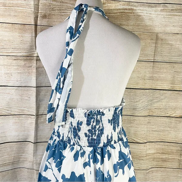 SheIn floral halter shirred waist A-line blue dress womens Size Large - Image 11