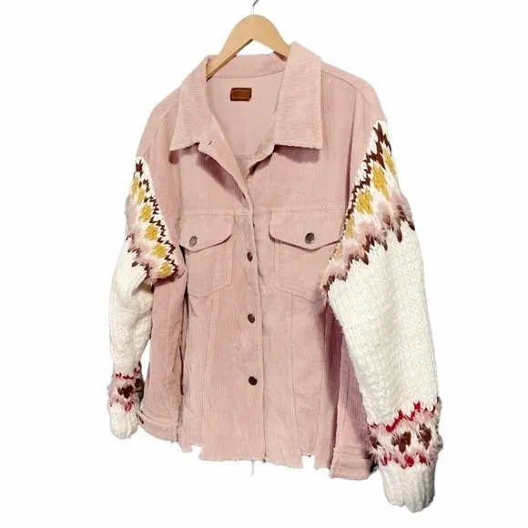 POL Jacket Sz Large Pink Corduroy Fair Isle Sweater Knit Sleeve Boho Trucker - Image 3