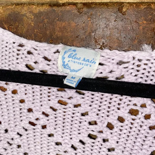 Francesca's Blue Rain Lilac Belle Keyhole Crochet Crop Cardigan Sweater Medium - Image 5