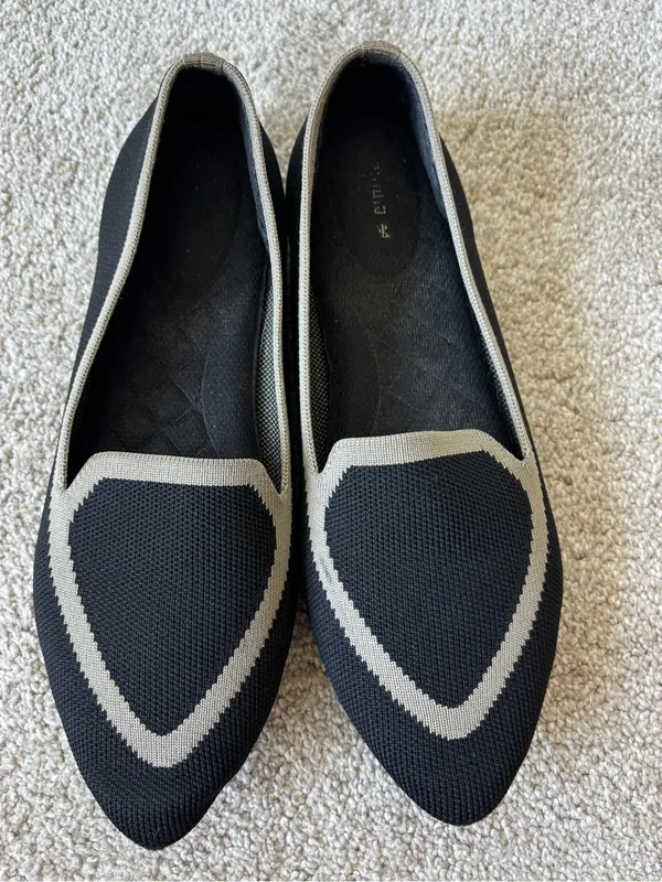Birdies Blackbird Black Tan Slide On Flats Knit Comfort Preppy Pointed Toe - Image 3