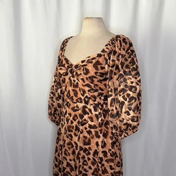 Anthropologie HUTCH Twist Puff Midi Dress Animal Leopard Print Smocked Medium - Image 7