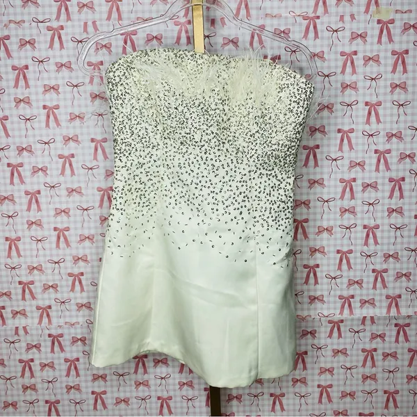 NBD x Revolve GRACY Strapless White Ostrich Feathered Sequin Mini Dress - Image 3