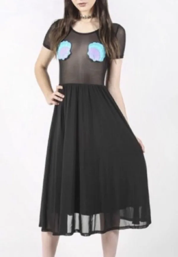 NEW! Iron Fist Mermaid For Life Sheer Black Midi Dress 3X Turquoise Blue Shells - Image 10