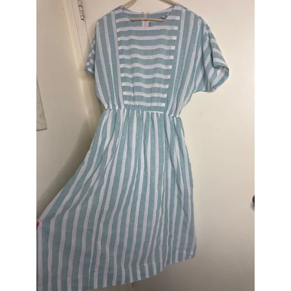 Vintage 80s/90s Rosy Route Striped Midi Dress | Blue & White Panels | Size M - Image 2