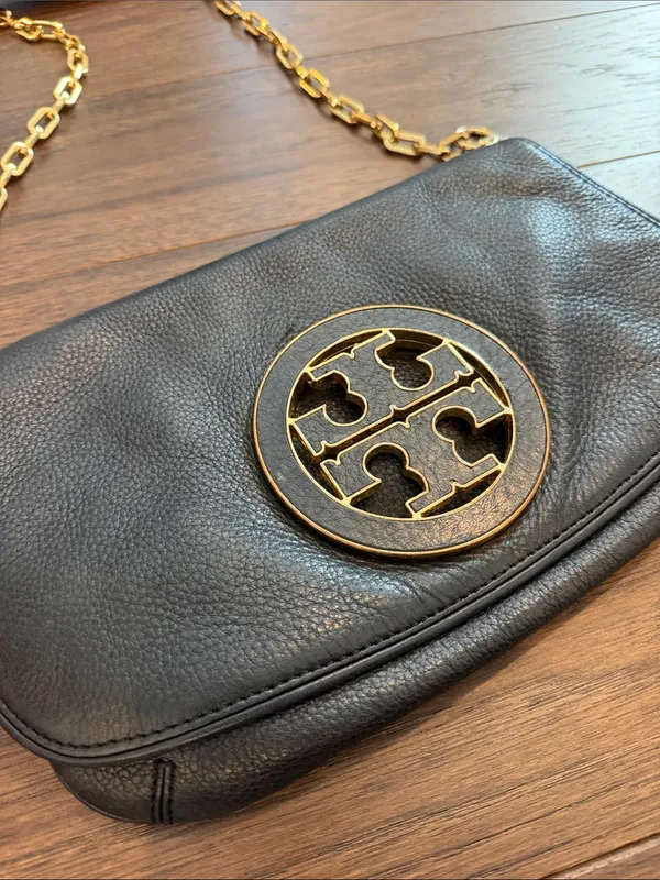 Tory Burch Black Leather Crossbody with Gold-Tone Logo and Chain - C39-182 - Image 5