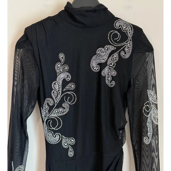 Cinq a Sept Studded Dress Womens 4 Black Mesh Mock Neck Ruched Long Sleeve - Image 4