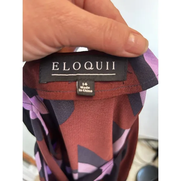 Eloquii Size 14 Geometric Shift Dress Purple Burgundy Black Beltless Midi Dress - Image 4