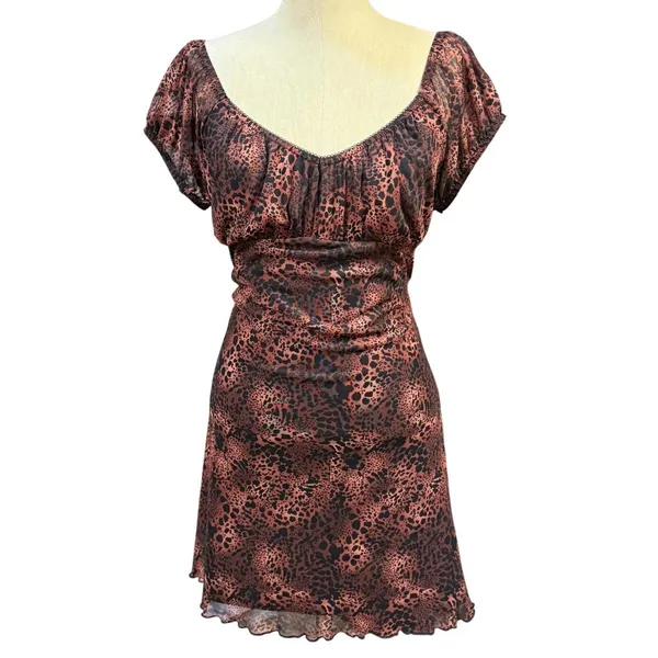Ultra Flirt XL Brown Leopard‎ Print Mesh Short Sleeve Mini Dress Y2K Indie Alt - Image 3