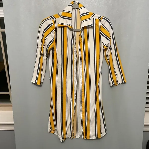 J for Justify Yellow Navy Striped Button Front Shirt Dress Collared S - Image 2