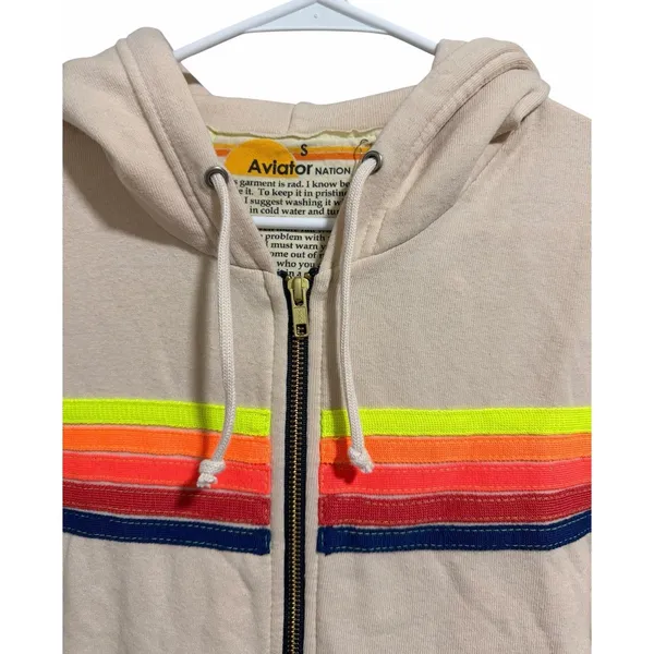 Aviator Nation 5 Stripe Zip Up Hoodie Almond/Neon Size Small‎ - Image 3