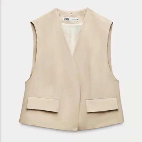 ZARA Women Beige Sleeveless Open Front Pocket Vest Blazer Oversized Medium - Image 3
