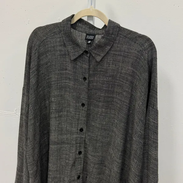 Eileen Fisher Italian Fabric Linen Blend Button Down Shirt Grey Lg Lagenlook - Image 4