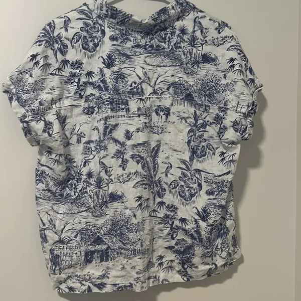 Joie 100% Linen Blue Farm Tropical Horse Vacation Patterned Blouse Size Large - Image 3
