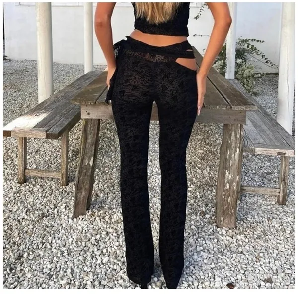 Outcast Flare Pants Patterned Waist Strape Kaycee Size M Black - Image 5