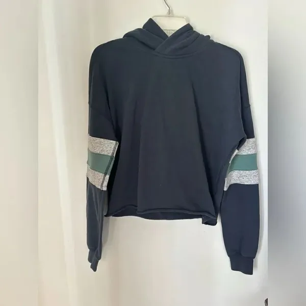 Abercrombie & Fitch Hoodie Sweatshirt Striped Sleeves Size S Navy - Image 5