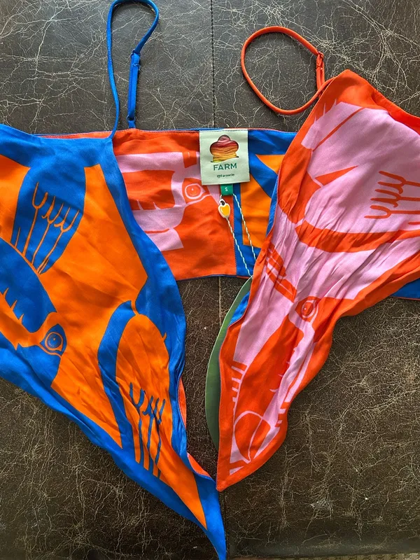 Farm Rio Mixed Rainbow Toucans Crop Top Blue Orange Pink Tie-Front Bra Top - Image 7