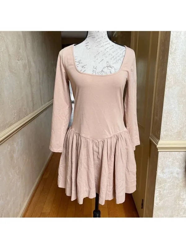 Free People Onda Dropped waist Long Sleeve Stretch Cotton Dress Square neck Sz L - Image 6