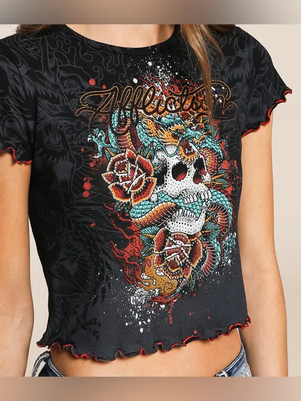 Affliction Black Cropped Graphic Tee with Multicolor Skull & Snake - Image 3