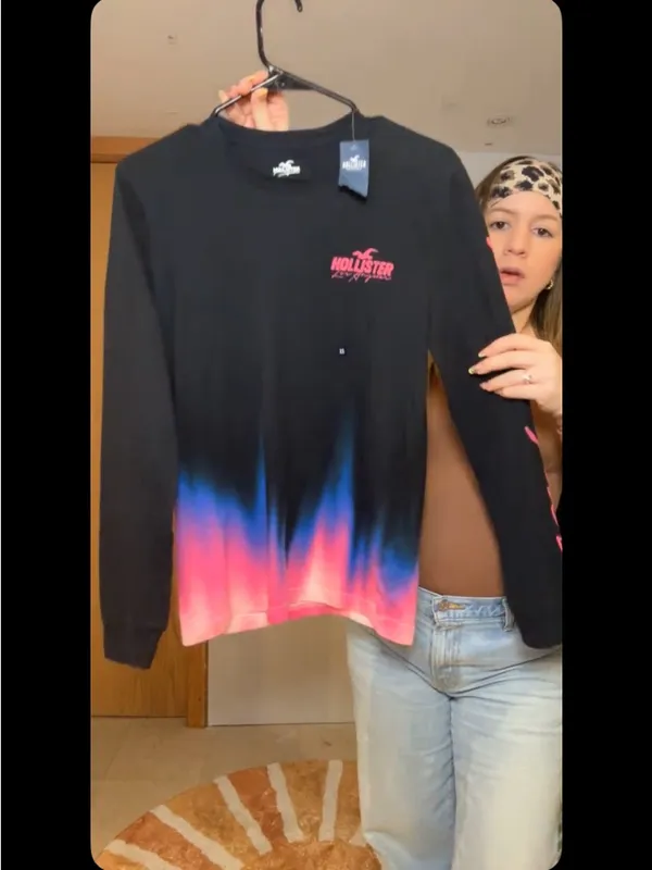 Hollister Black Long Sleeve Tee with Pink & Blue Dip-Dye - Image 8