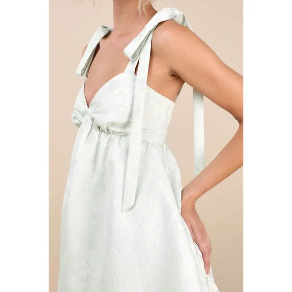 Lulus Precious Allure Light Sage Green Jacquard Tie-Strap Mini Dress Large NWT - Image 4