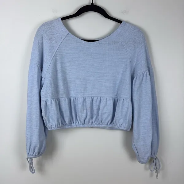Aerie Endless Summer Cropped Sweatshirt Puff Sleeve Eyelet Blue Women’s Size XS - Image 3