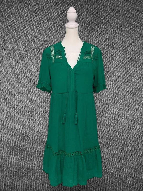 Indigo Rose Women’s M Green Boho Lace Trim Tassel Tiered Midi Dress - Image 2