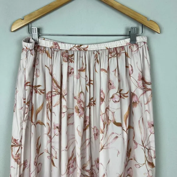 T Tahari Maxi Skirt Womens Large Cream‎ Pink Floral A-Line Stretch Lightweight L - Image 4