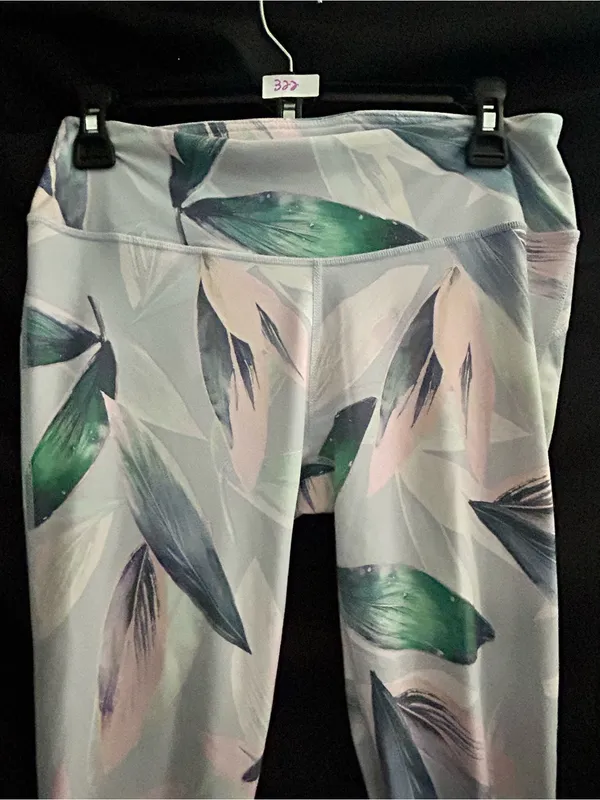 Fabletics Athletic Pastel Leaf Print Leggings in Light Blue, Green & Pink MD - Image 3