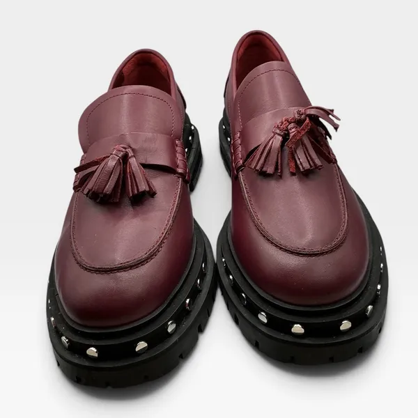 Free People Women Burgundy Leather Studded Tassel Platform Lug Sole Loafers 10 - Image 4