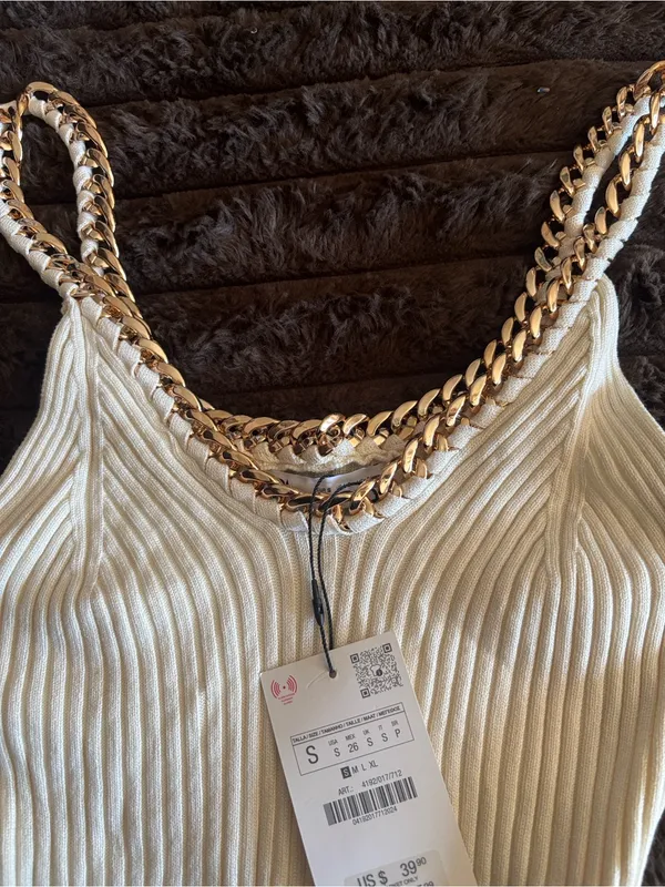 Zara Cream Ribbed Tank with Gold Chain-Trim Straps - Image 3