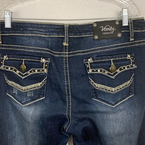 Vanity Premium Dark Wash Bling Pocket Harlow Jeans Size 32 - Image 6