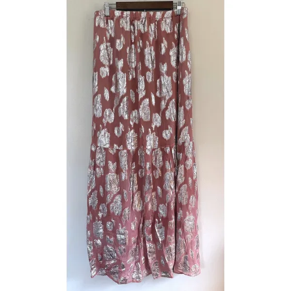 Women's Floral Metallic Silver Jacquard Tiered Lined Elastic Waist Maxi Skirt - Image 2
