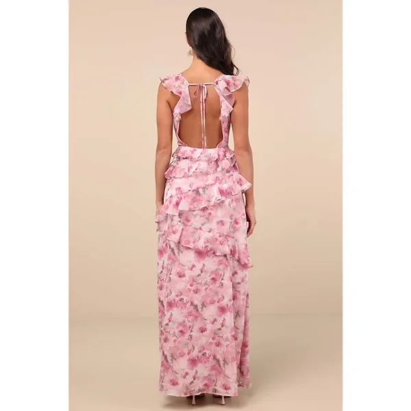 NWT Lulus Evangeline Pink Floral Ruffle Maxi Dress Cruise Resort Gala Banquet XL - Image 3