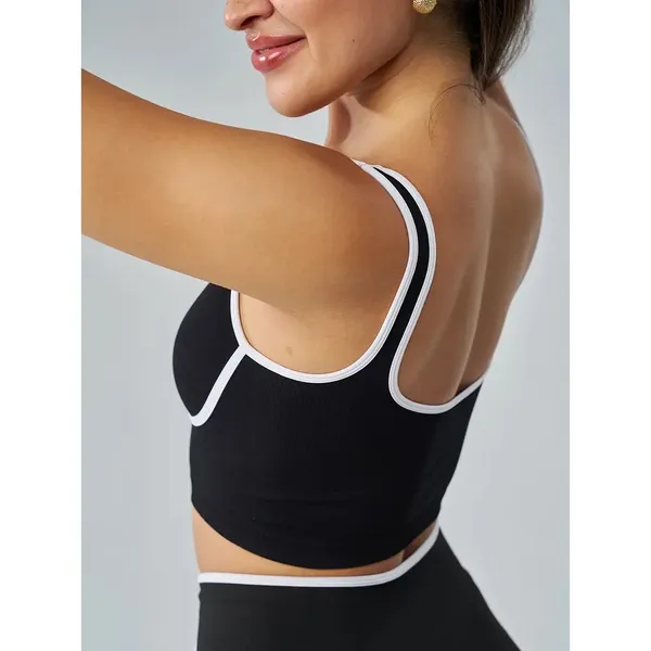 Black and White Contrast Trim Sports Bra Crop Tank Small - Image 2