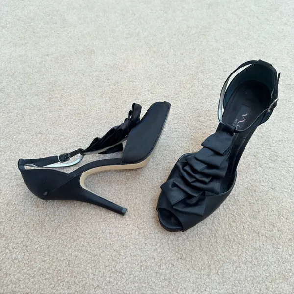 Nina Elga Black Satin Ruffle Platform Peep-Toe Stiletto Heels 7 - Image 5